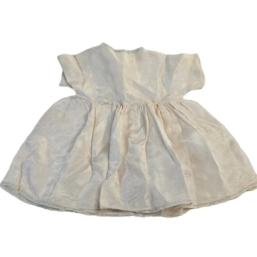 Vintage Baby Doll Dress Short Sleeve Bishop Smocked Beige Snap Fitted Bodice